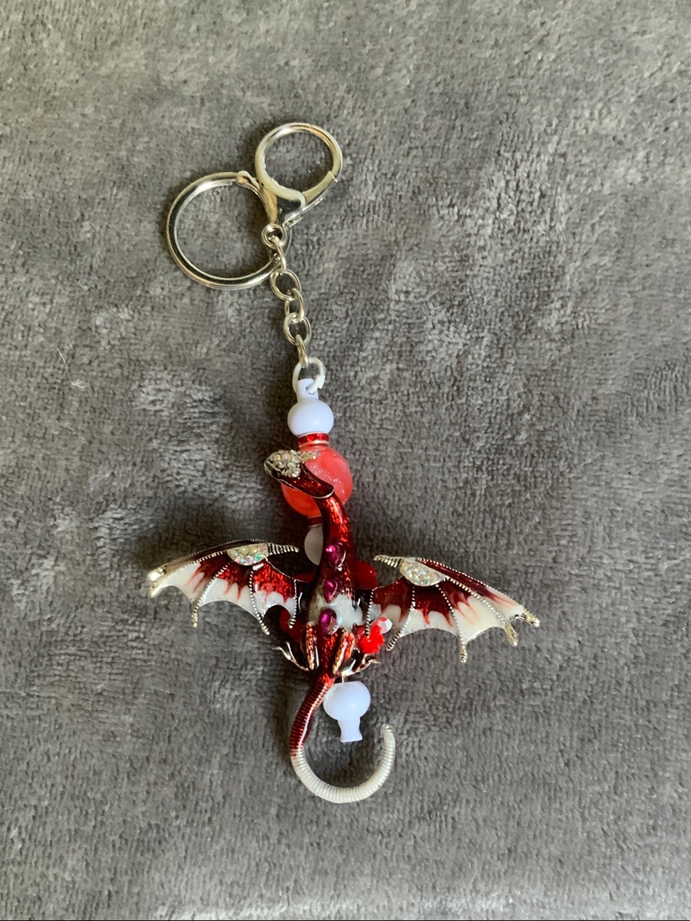 Red Dragon Wing Keychain with White Beads